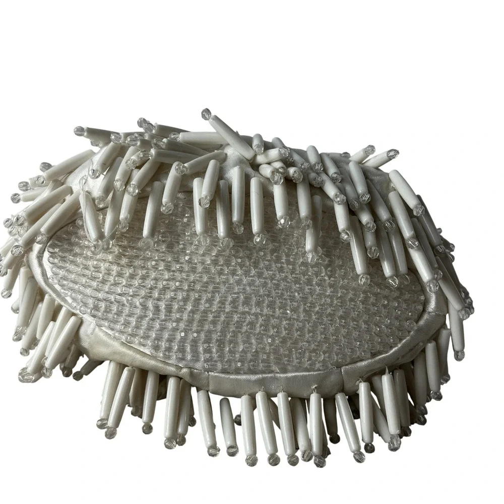 Beaded Fringe Handbag Ivory Mini Top Handle Evening Statement Bag - Picture 4 of 6